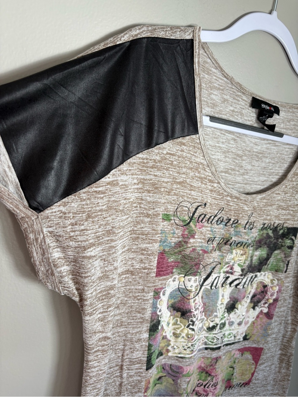Style & Co. French Graphic Crown Tee with Faux Leather Shoulders size L